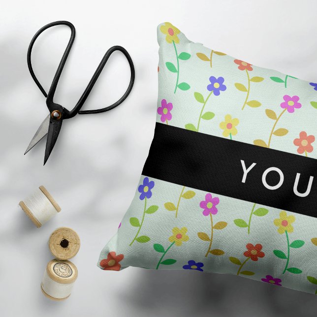 Colourful Flowers, Light Green Background, Black Decorative Cushion (Creator Uploaded)