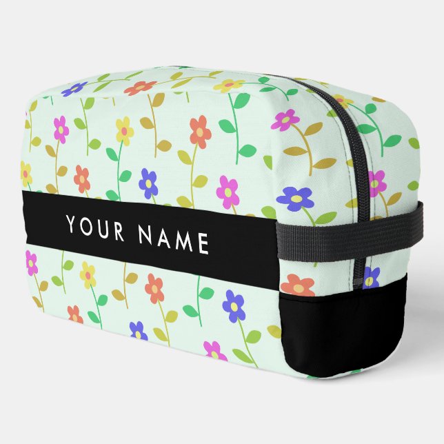 Colourful Flowers, Light Green Background, Black Dopp Kit (Left Corner)
