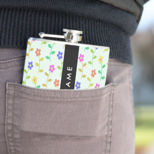 Colourful Flowers, Light Green Background, Black Hip Flask