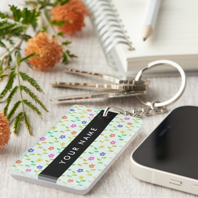Colourful Flowers, Light Green Background, Black Key Ring (Front Right)