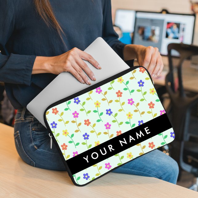 Colourful Flowers, Light Green Background, Black Laptop Sleeve (Creator Uploaded)