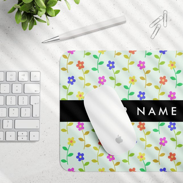 Colourful Flowers, Light Green Background, Black Mouse Mat (Creator Uploaded)