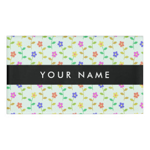 Colourful Flowers, Light Green Background, Black Name Tag