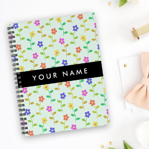 Colourful Flowers, Light Green Background, Black Notebook