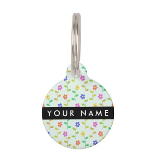 Colourful Flowers, Light Green Background, Black Pet Tag