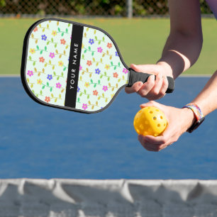 Colourful Flowers, Light Green Background, Black Pickleball Paddle