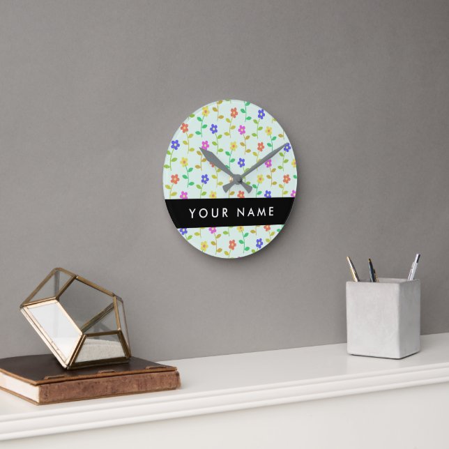 Colourful Flowers, Light Green Background, Black Round Clock (Office)