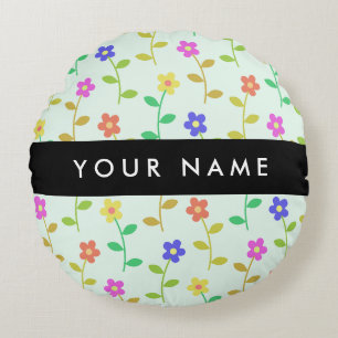 Colourful Flowers, Light Green Background, Black Round Cushion