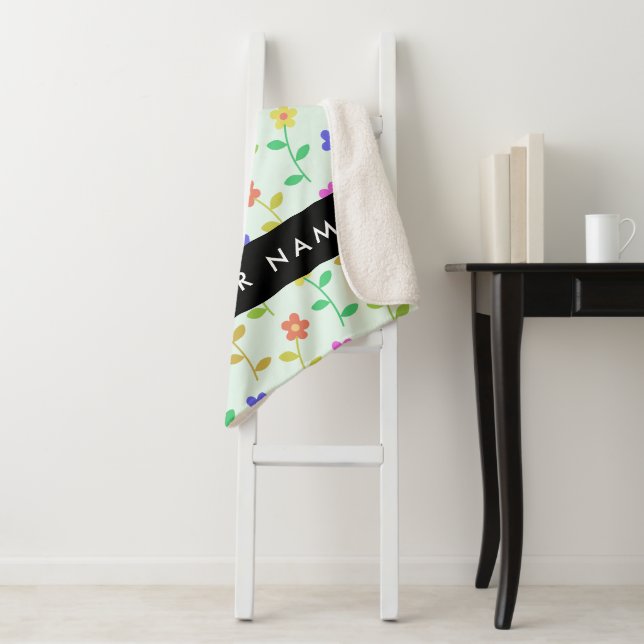 Colourful Flowers, Light Green Background, Black Sherpa Blanket (In Situ)
