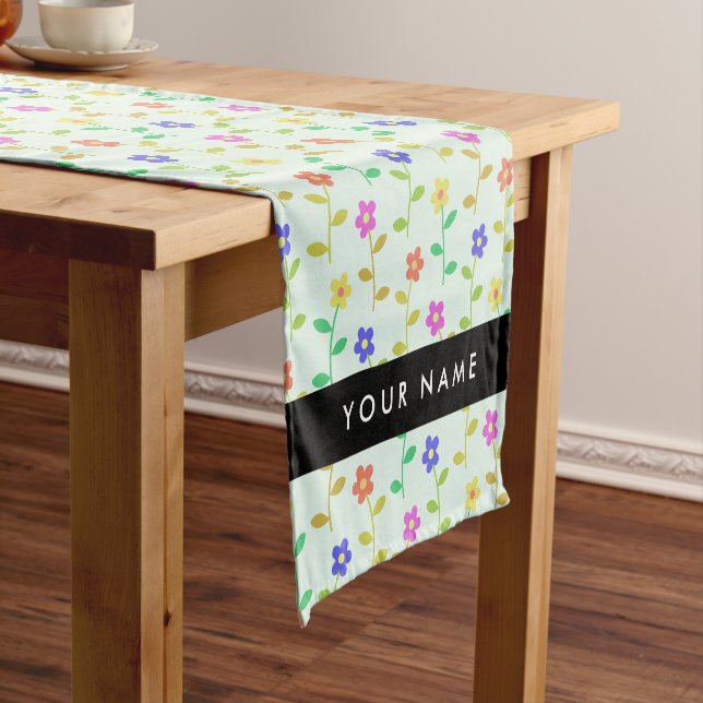 Colourful Flowers, Light Green Background, Black Short Table Runner (In Situ)
