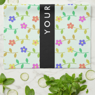 Colourful Flowers, Light Green Background, Black Tea Towel