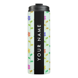 Colourful Flowers, Light Green Background, Black Thermal Tumbler