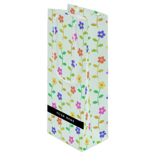 Colourful Flowers, Light Green Background, Black Wine Gift Bag