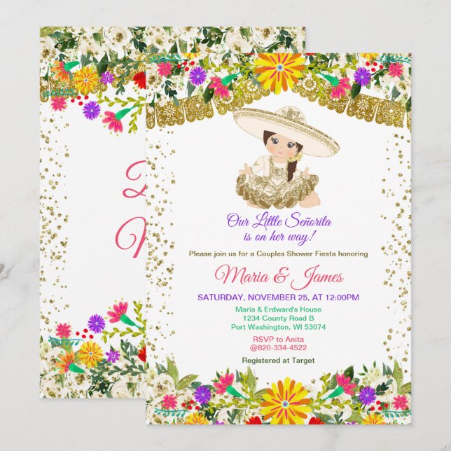 Colourful Flowers Mexican Fiesta Couples shower  Invitation (Front/Back)