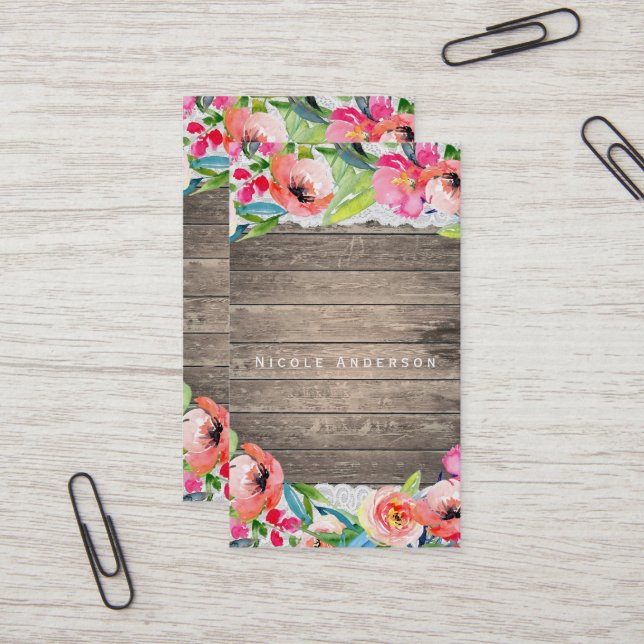 Colourful Flowers Modern Floral Chic Wood & Lace Business Card (Front/Back In Situ)