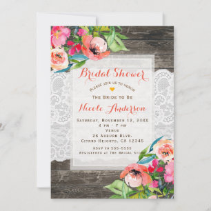 Colourful Flowers Modern Floral Chic Wood & Lace Invitation