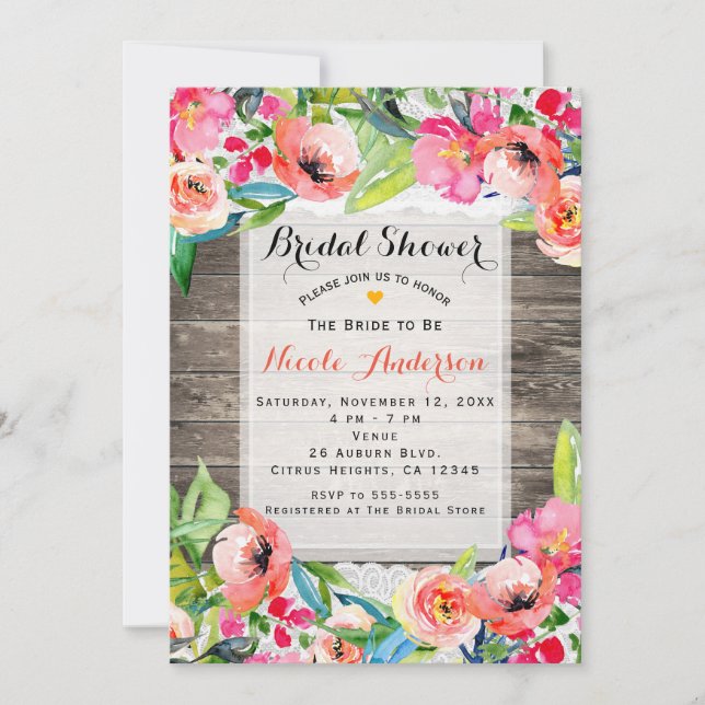 Colourful Flowers Modern Floral Chic Wood & Lace Invitation (Front)