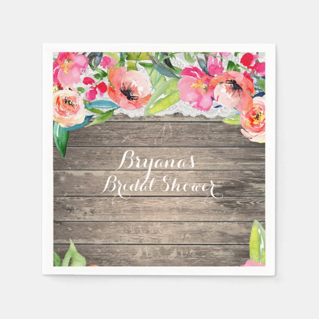 Colourful Flowers Modern Floral Chic Wood & Lace Napkin (Front)