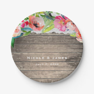 Colourful Flowers Modern Floral Chic Wood & Lace Paper Plate