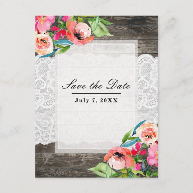 Colourful Flowers Modern Floral Wood Lace Save Dat Announcement Postcard (Front)