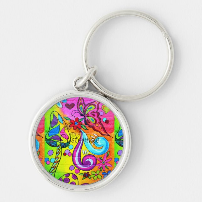 colourful flowers mushrooms butterfly key ring (Front)
