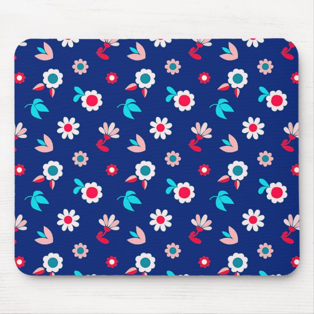 Colourful Flowers on a Dark Blue Background Mouse Mat (Front)