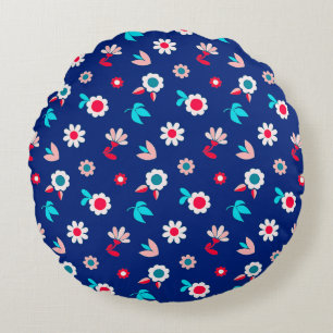 Colourful Flowers on a Dark Blue Background Round Cushion