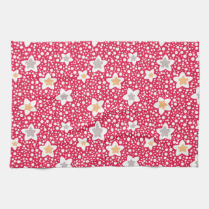 Colourful flowers on a retro polka dot background tea towel