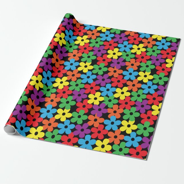 Colourful Flowers on Black Wrapping Paper (Unrolled)