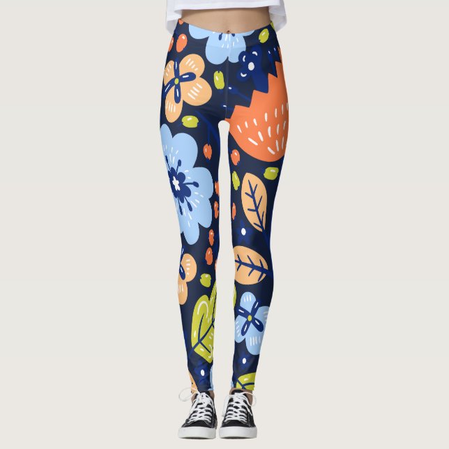 Colourful flowers on dark navy blue background leggings (Front)