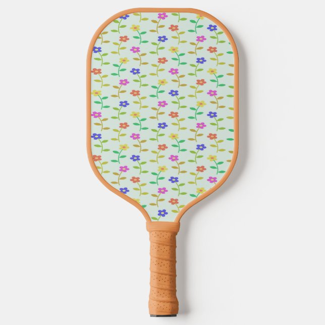 Colourful flowers on green pattern pickleball paddle (Front)