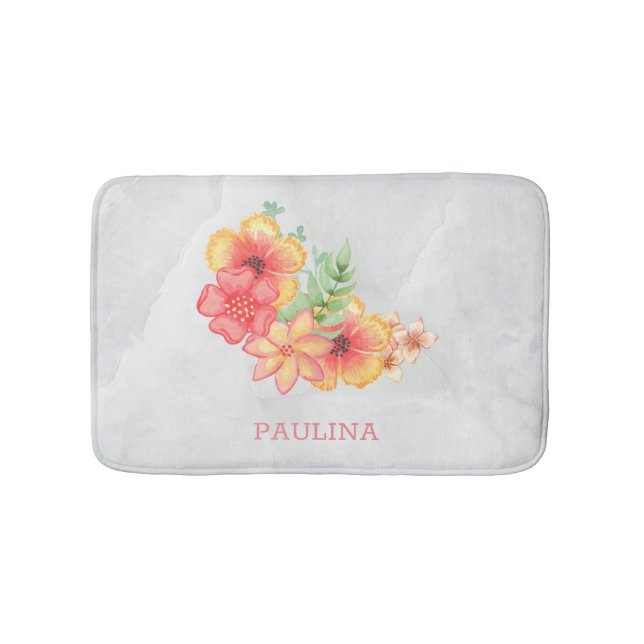 Colourful Flowers on Marble Bath Mat (Front)