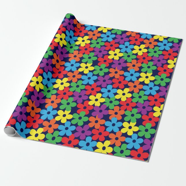 Colourful Flowers on Navy Blue Wrapping Paper (Unrolled)