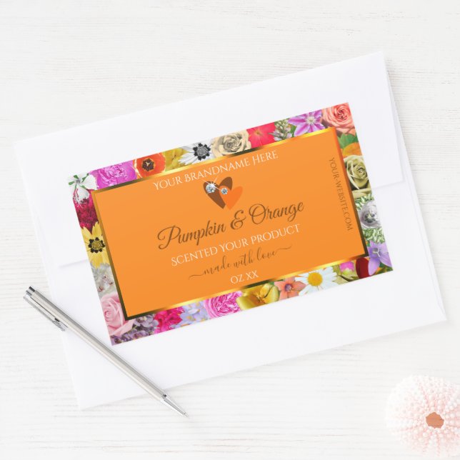 Colourful Flowers Orange Product Labels with Heart (Envelope)
