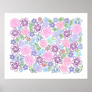 Colourful Flowers Original Line Art Poster