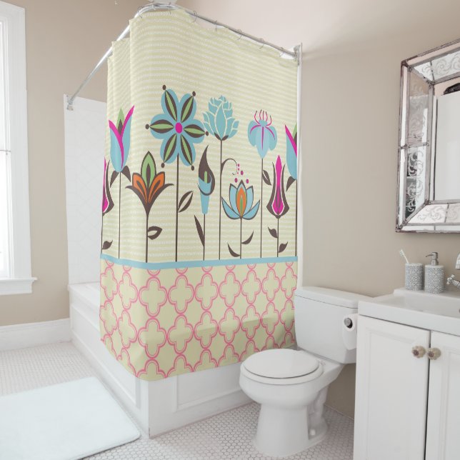 Colourful Flowers Over Beige Stripes Shower Curtain (In Situ)