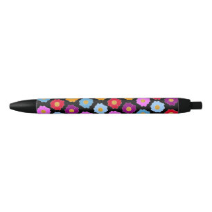 Colourful flowers pattern black ink pen