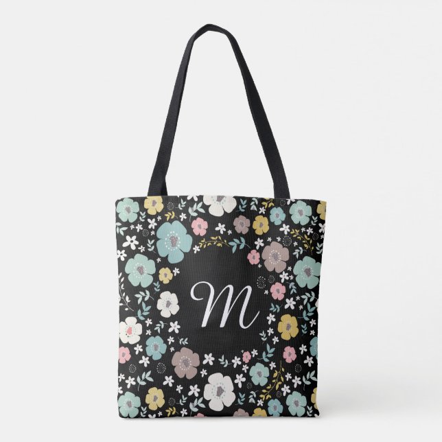 Colourful Flowers Pattern & Frame With Monogram Tote Bag (Back)