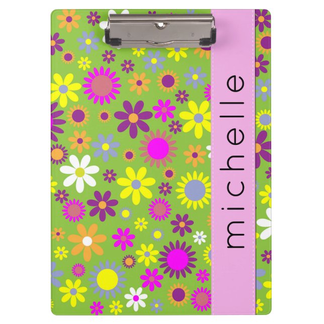 Colourful Flowers, Pattern Of Flowers, Your Name Clipboard (Front)