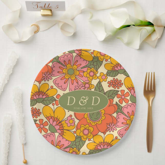 Colourful Flowers Pattern Retro Boho 70s Wedding Paper Plate (Wedding)