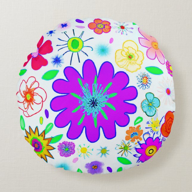 Colourful Flowers Pattern Round Cushion (Front)