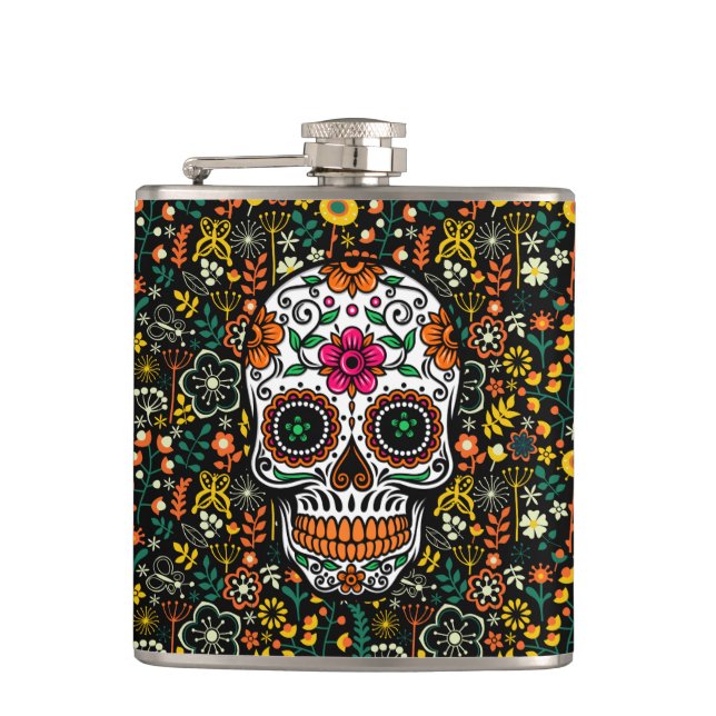 Colourful Flowers Pattern & Sugar Skull Hip Flask (Front)