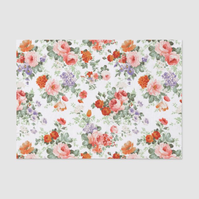 Colourful Flowers Pattern White Background Tissue Paper (Front)