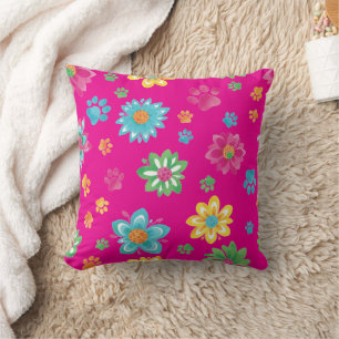 Colourful Flowers & Paw Prints Pillow