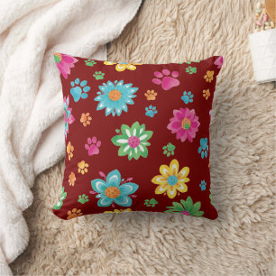 Colourful Flowers & Paw Prints Pillow