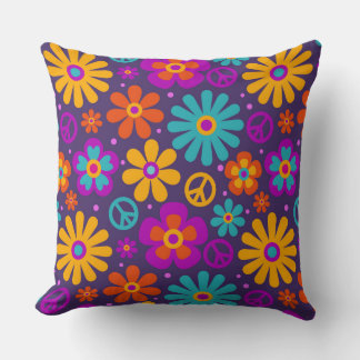 Colourful Flowers Peace Love Groovy Retro Hippie Cushion
