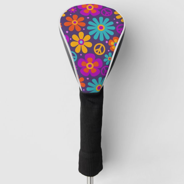 Colourful Flowers Peace Love Groovy Retro Hippie Golf Head Cover (Front)