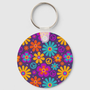 Colourful Flowers Peace Love Groovy Retro Hippie Key Ring