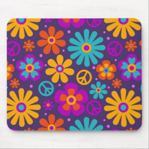 Colourful Flowers Peace Love Groovy Retro Hippie Mouse Mat