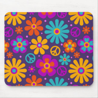 Colourful Flowers Peace Love Groovy Retro Hippie Mouse Mat